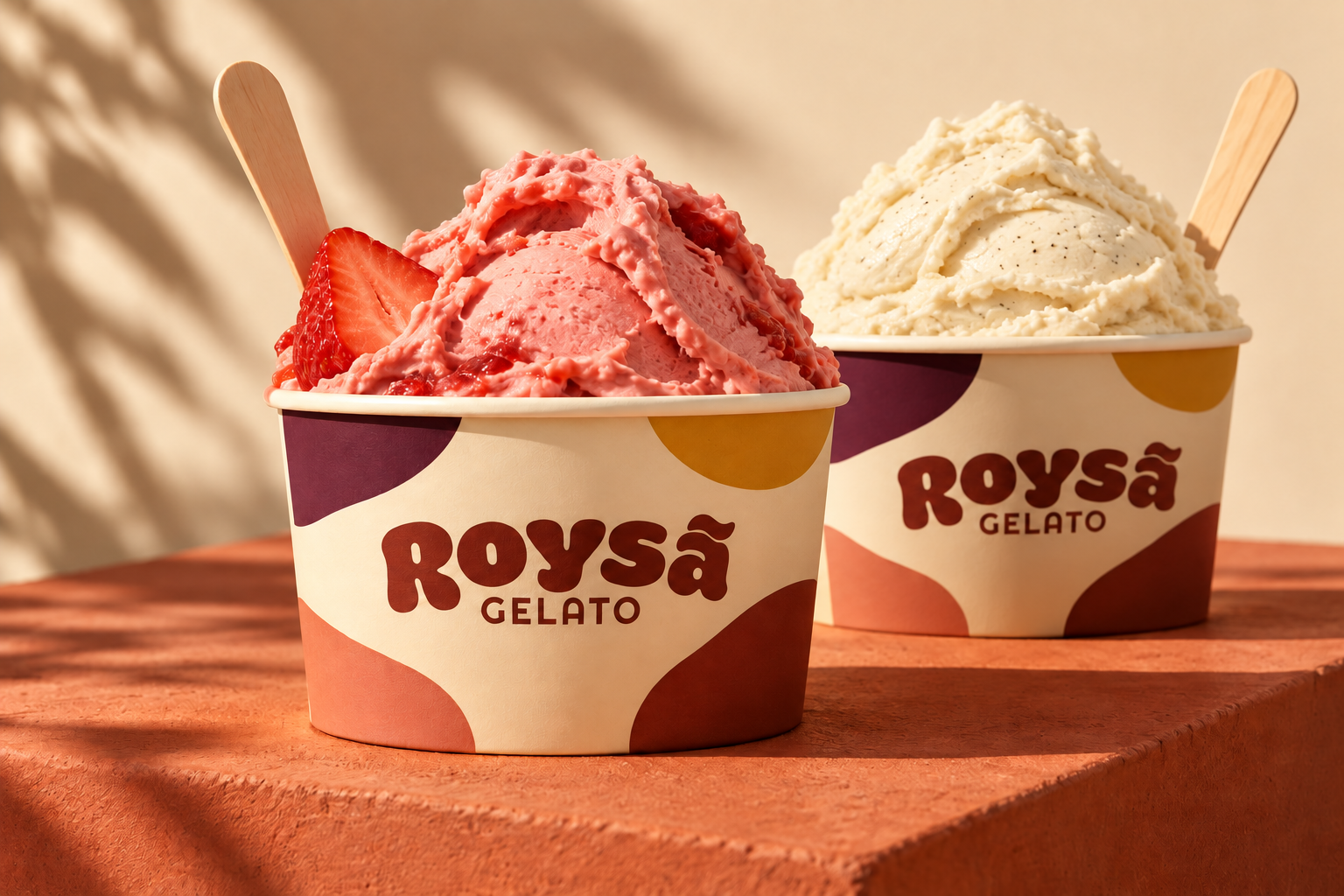Estudo de aplicação da marca Roysã em copos de gelato