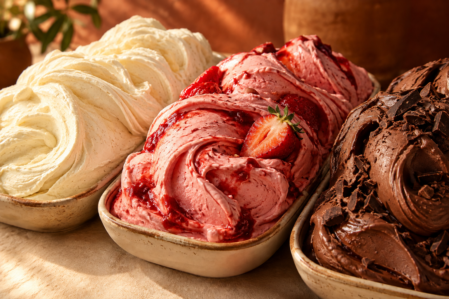 Imagem conceitual em close de gelato de baunilha, morango e chocolate com textura cremosa e luz quente